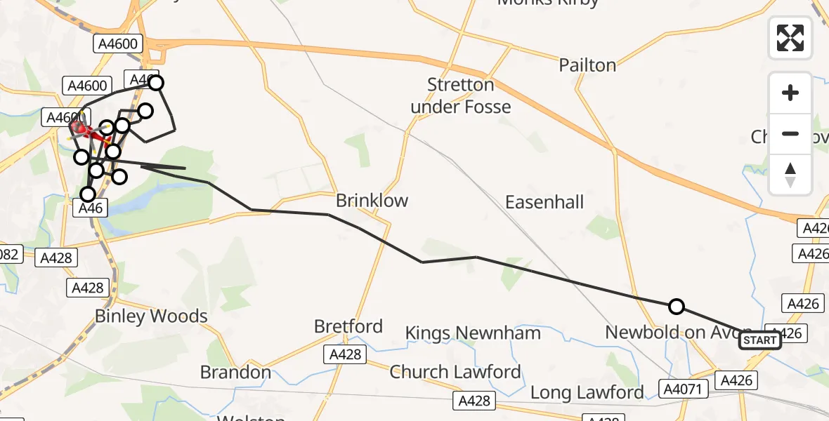 Flight path map showing Air Ambulance Helicopter route from Rugby to University Hospital Coventry