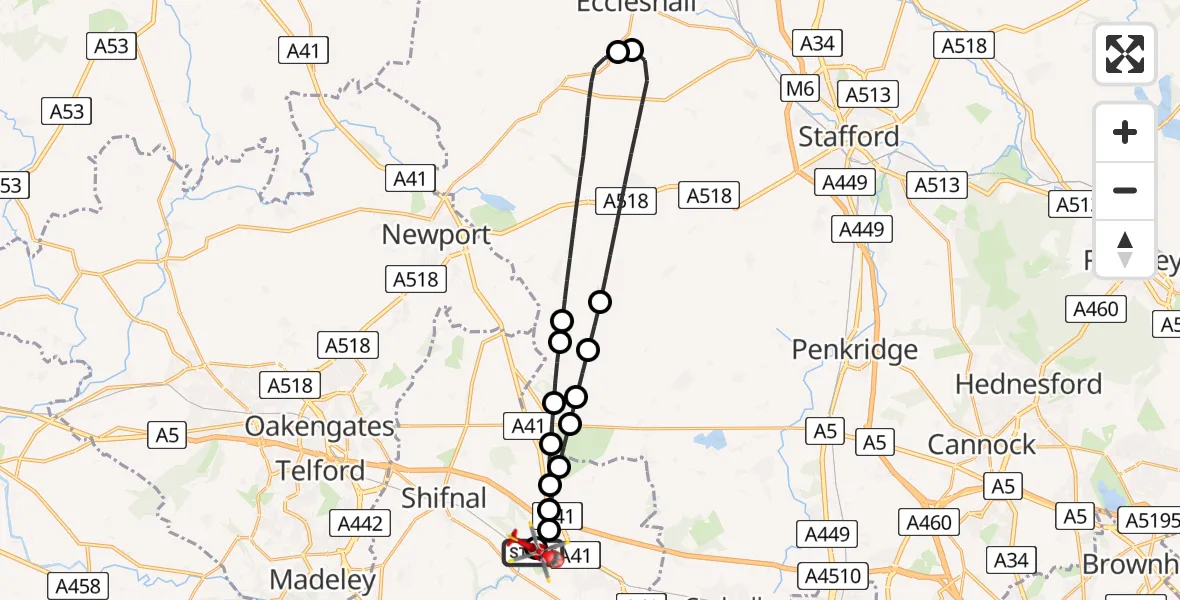 Flight path map showing Air Ambulance Helicopter route from RAF Cosford to Cosford
