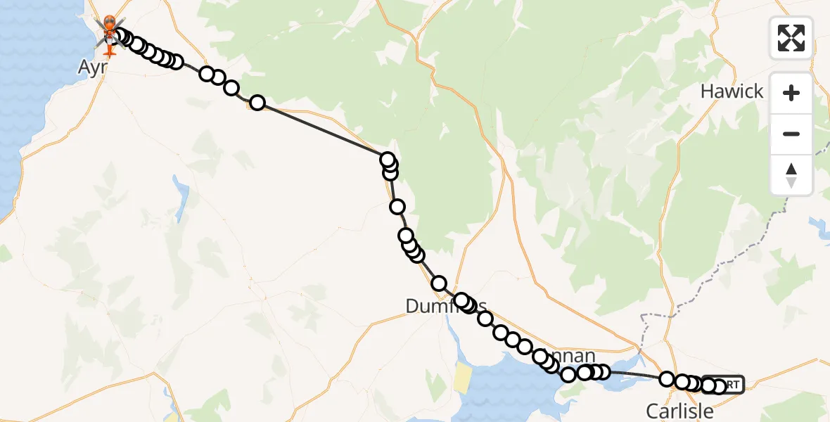 Flight path map showing Coastguard Helicopter route from Carlisle Lake District Airport to Glasgow Prestwick Airport