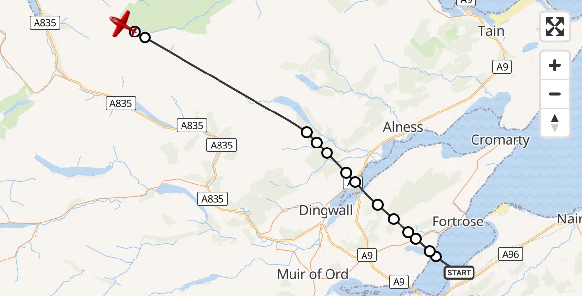 Flight path map showing Air Ambulance Aircraft route from Inverness to Highland