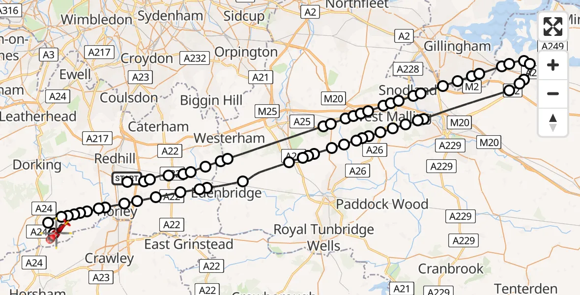 Flight path map showing Air Ambulance Helicopter route from Redhill Aerodrome to Mole Valley