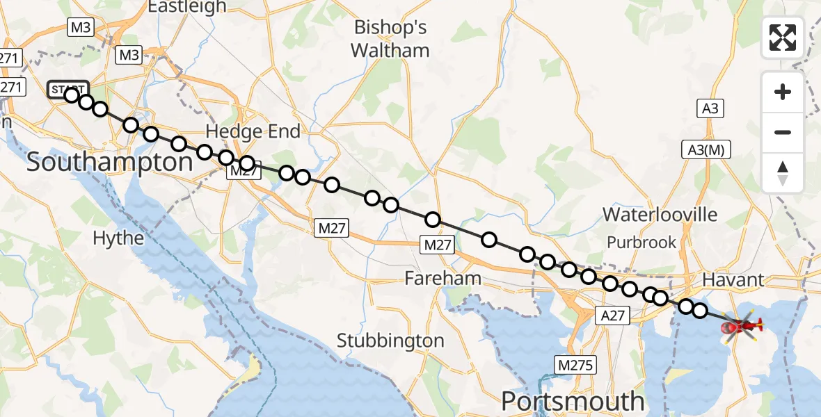 Flight path map showing Air Ambulance Helicopter route from University Hospital Southampton to Havant
