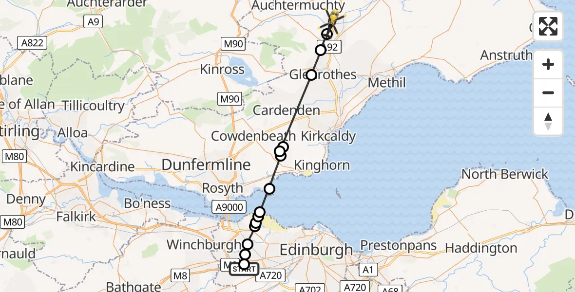 Flight path map showing Police Helicopter route from Ratho to Fife