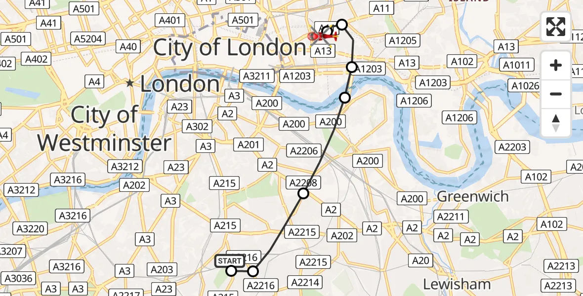 Flight path map showing Air Ambulance Helicopter route from Kings College London Hospital to Royal London Hospital