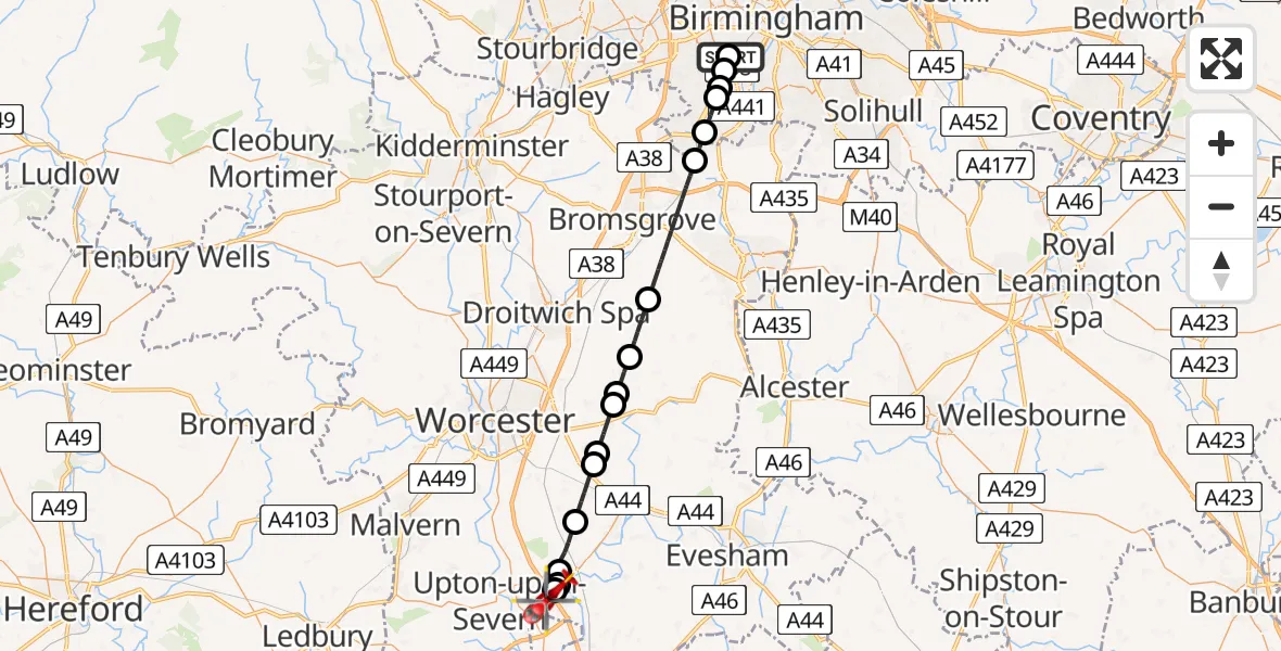 Flight path map showing Air Ambulance Helicopter route from Queen Elizabeth Hospital Helipad to Hill Croome