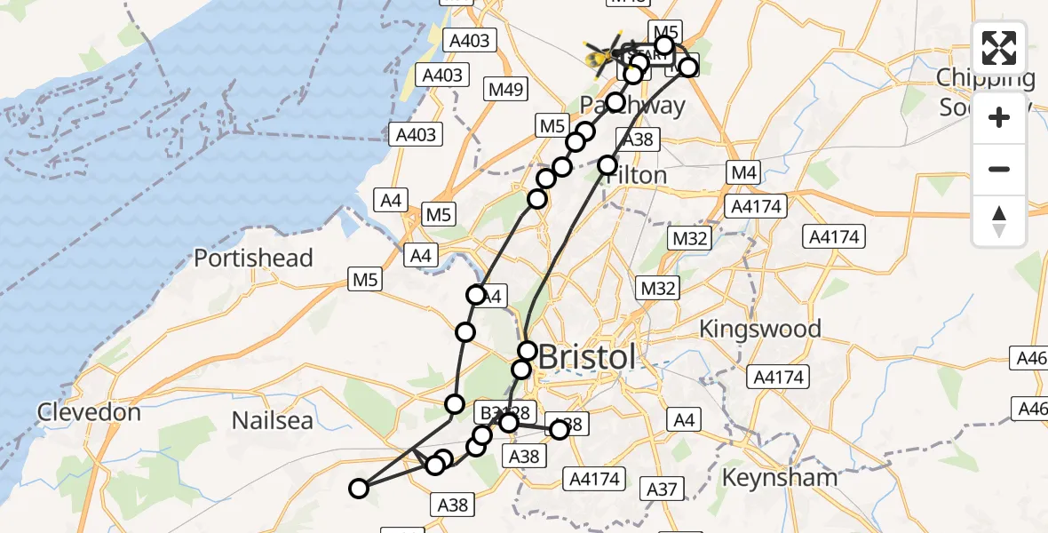 Flight path map showing Police Helicopter route from Almondsbury Helicopter Base to Almondsbury
