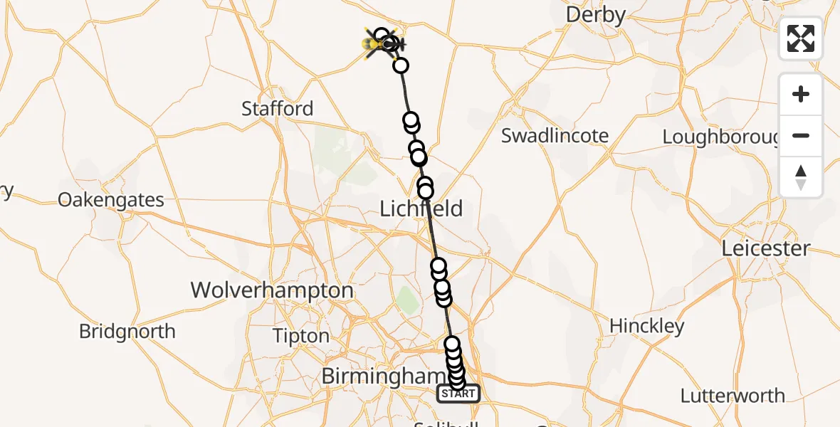 Flight path map showing Police Helicopter route from Birmingham Airport to Uttoxeter