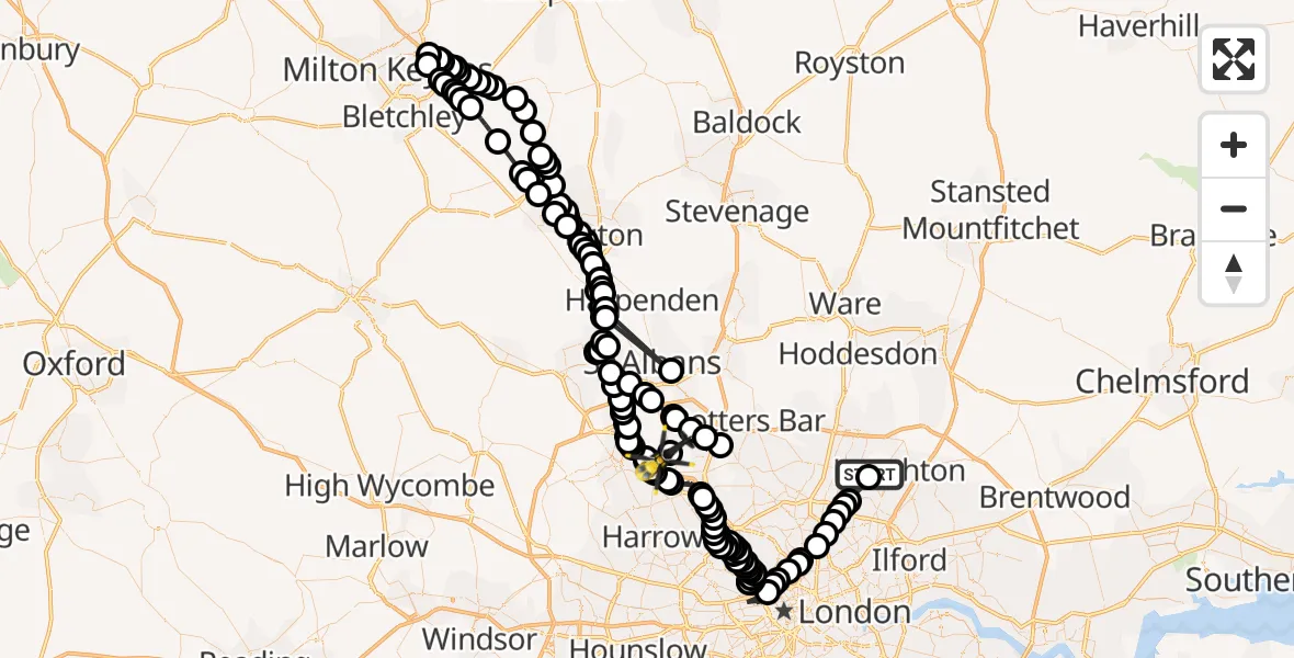 Flight path map showing Police Helicopter route from Sewardstonebury to Aldenham