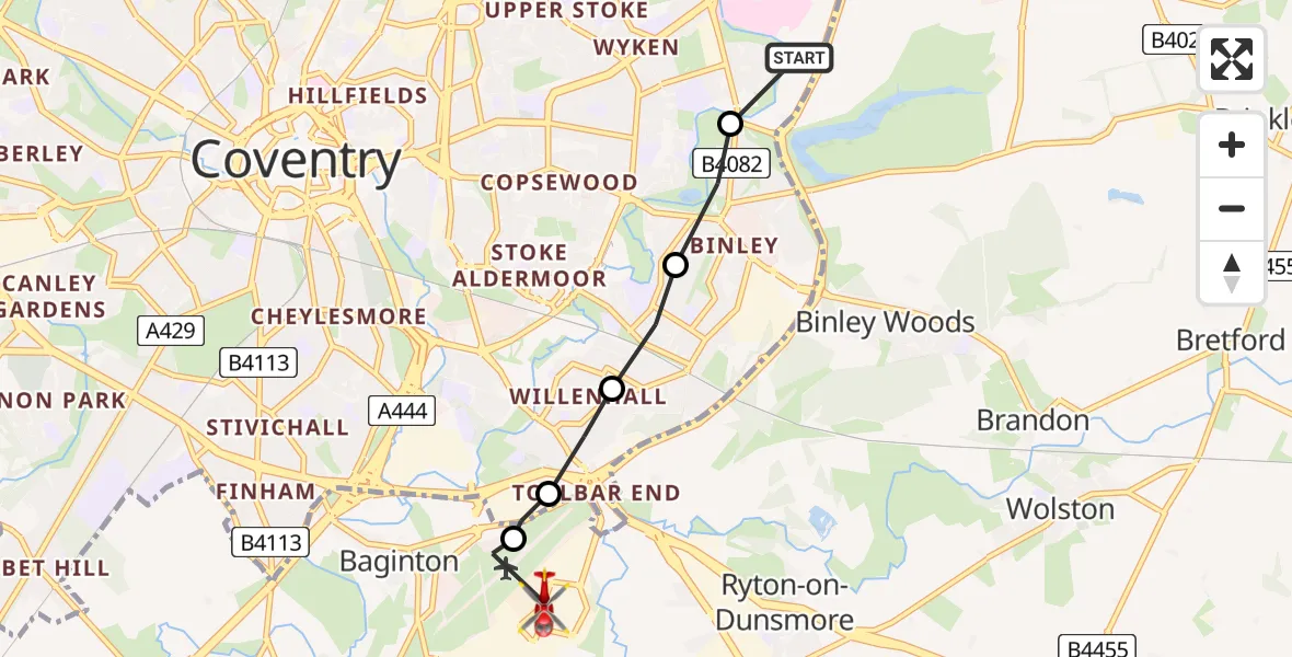 Flight path map showing Air Ambulance Helicopter route from University Hospital Coventry to Warwick