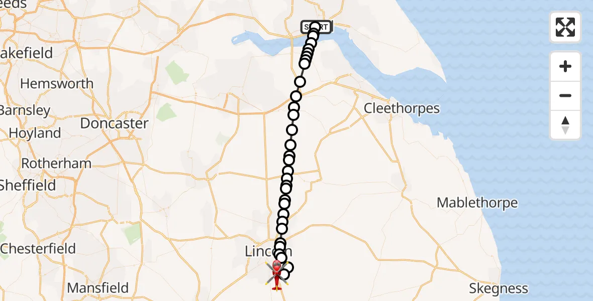 Flight path map showing Air Ambulance Helicopter route from Hull Royal Infirmary to North Kesteven