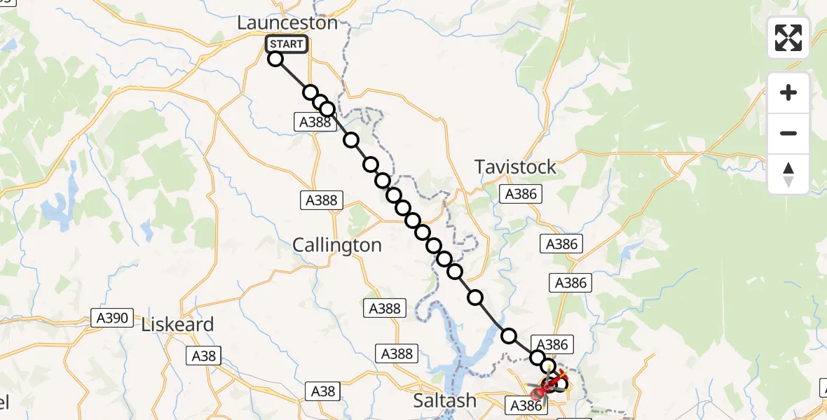 Flight path map showing Air Ambulance Helicopter route from Launceston to Derriford Hospital