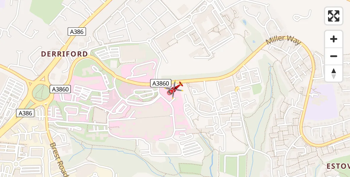 Flight path map showing Air Ambulance Helicopter route from Derriford Hospital to Derriford Hospital