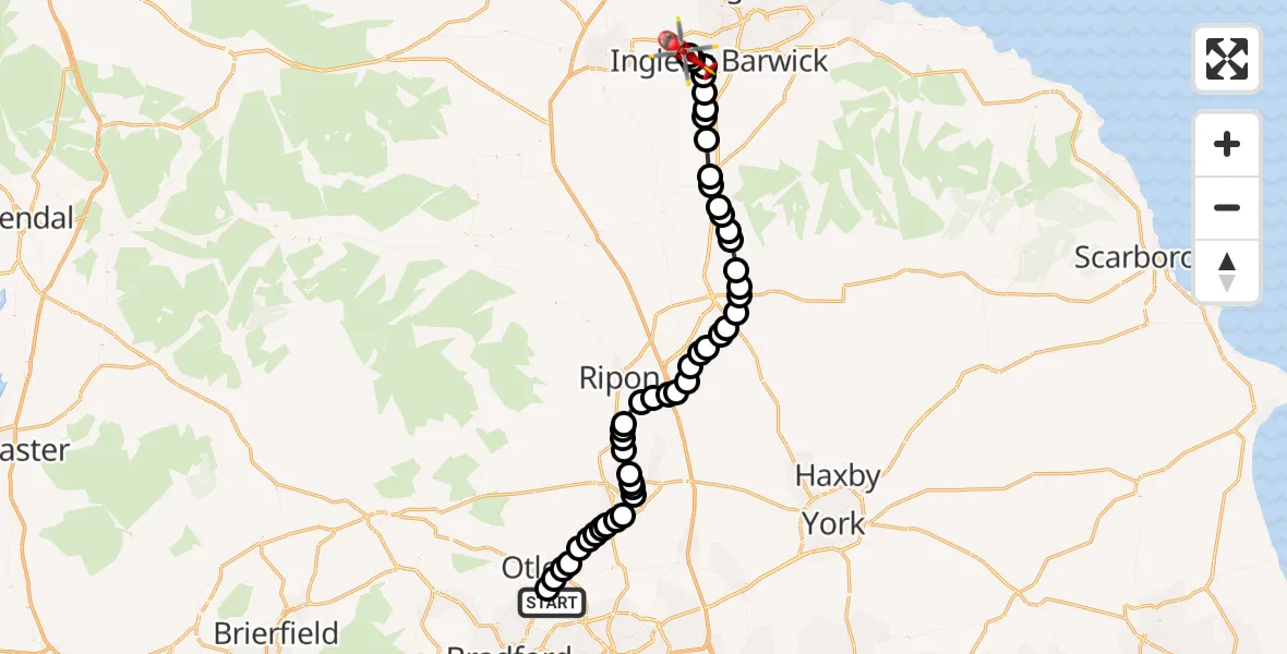 Flight path map showing Air Ambulance Helicopter route from Leeds Bradford Airport to Egglescliffe