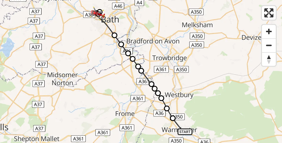 Flight path map showing Air Ambulance Helicopter route from Warminster to Royal United Hospital Bath