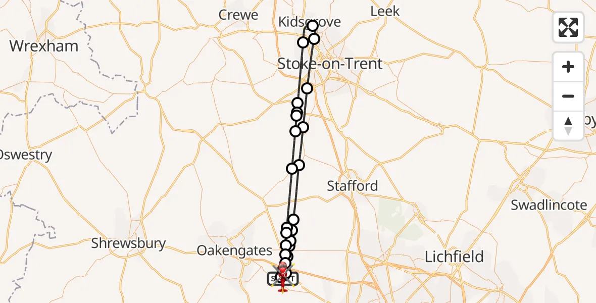 Flight path map showing Air Ambulance Helicopter route from RAF Cosford to Cosford