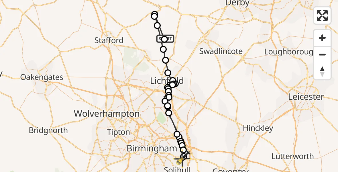 Flight path map showing Police Helicopter route from Abbots Bromley to Birmingham Airport