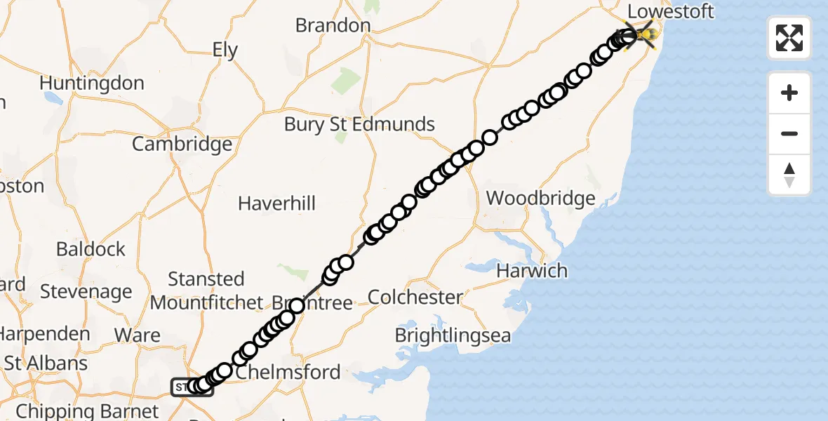 Flight path map showing Police Helicopter route from Coopersale to Henstead