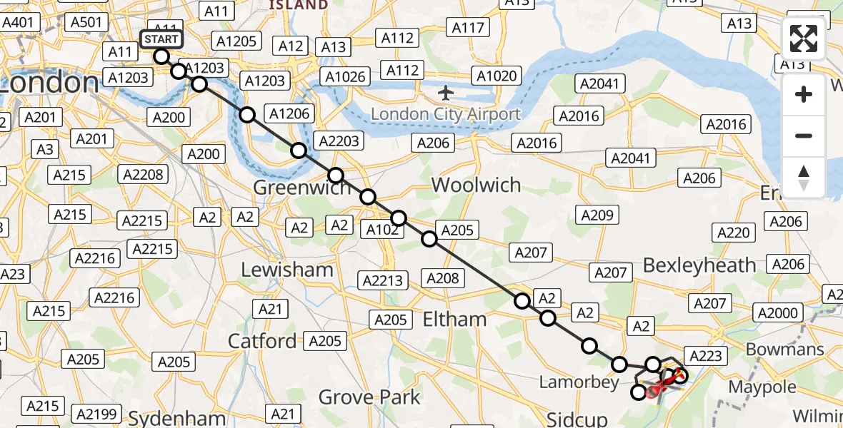 Flight path map showing Air Ambulance Helicopter route from Royal London Hospital to North Cray