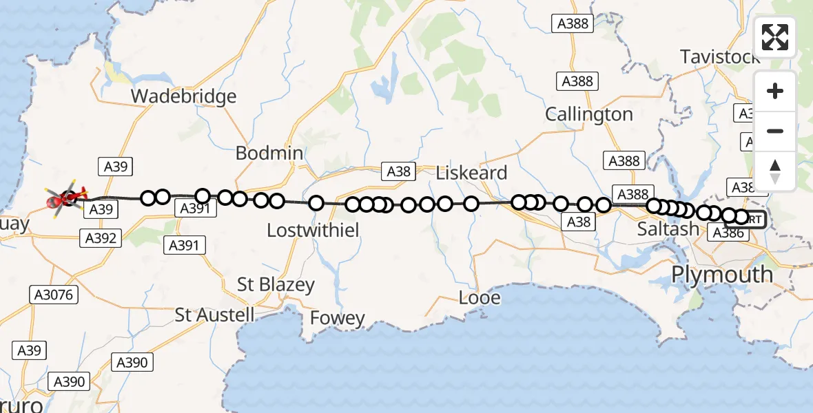 Flight path map showing Air Ambulance Helicopter route from Derriford Hospital to Cornwall Airport Newquay
