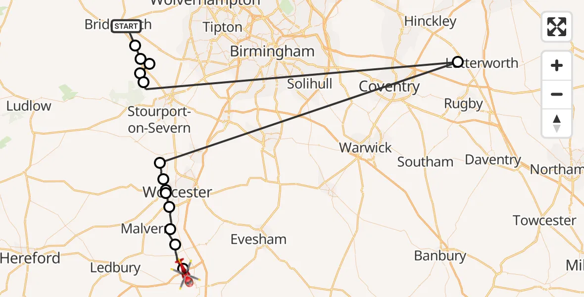Flight path map showing Air Ambulance Helicopter route from Quatford to Bushley