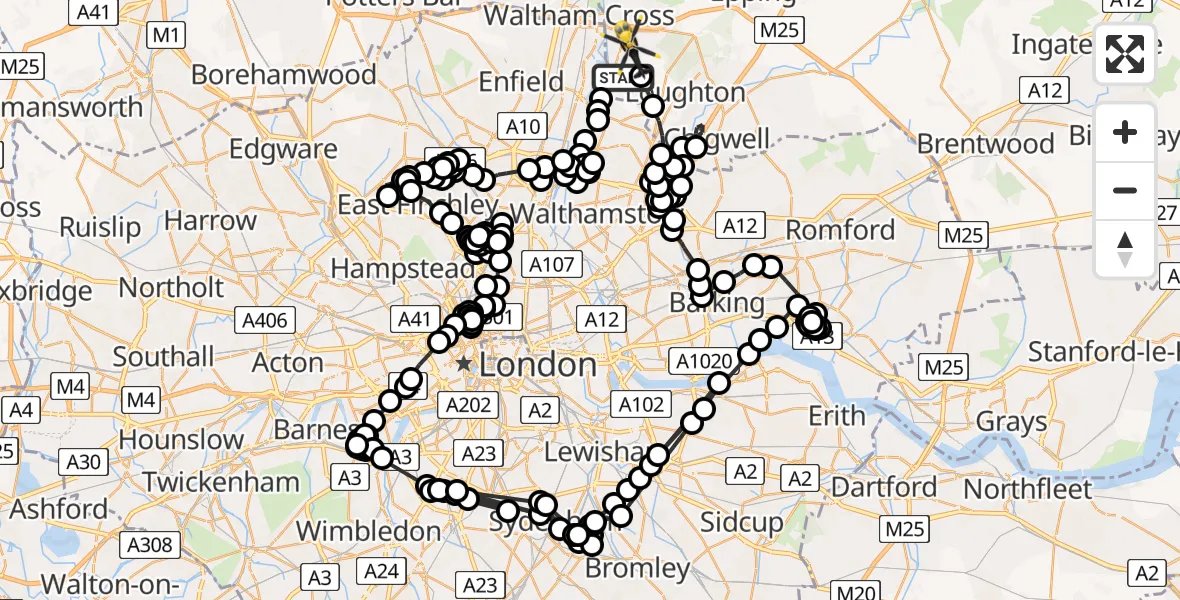 Flight path map showing Police Helicopter route from Sewardstonebury to Epping Forest