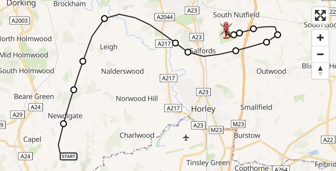 Flight path map showing Air Ambulance Helicopter route from Mole Valley to Redhill Aerodrome