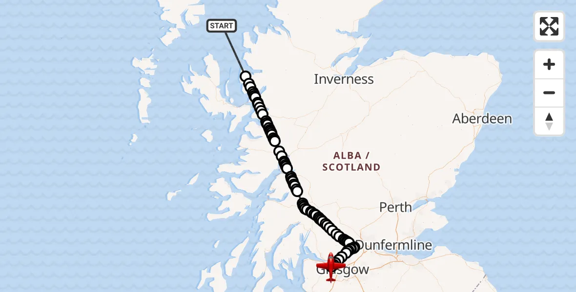 Flight path map showing Air Ambulance Aircraft route from Inner Seas to Glasgow Airport