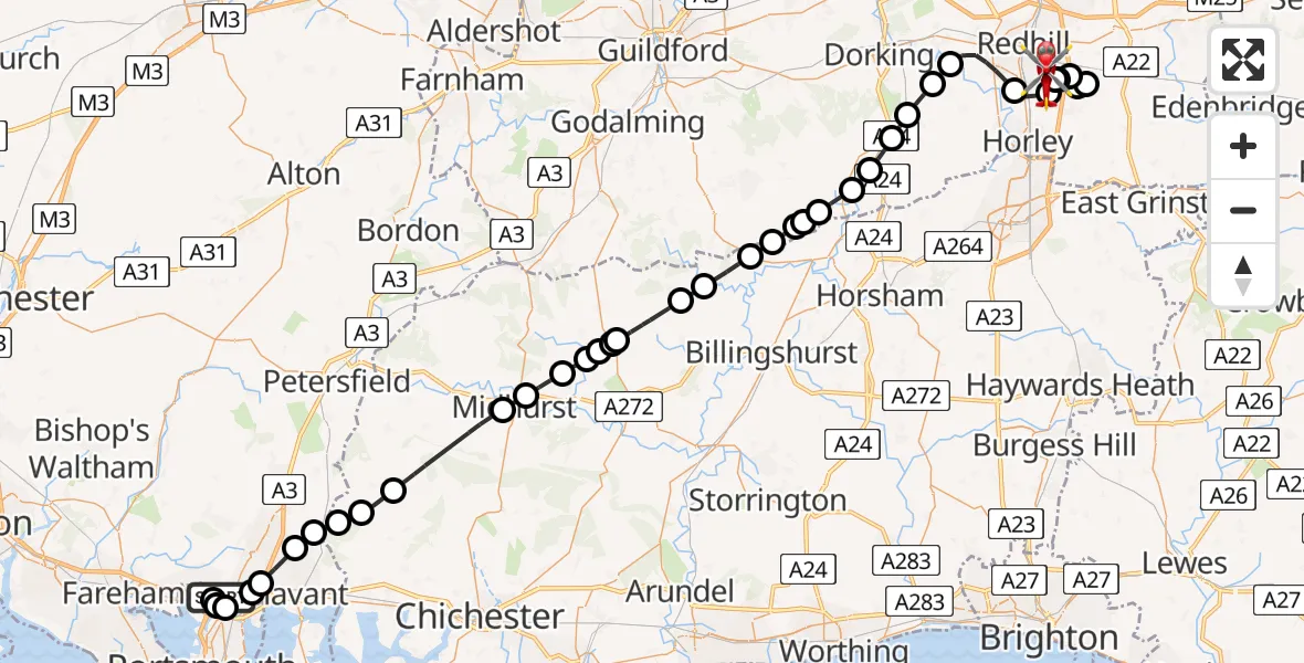 Flight path map showing Air Ambulance Helicopter route from Queen Alexandra Hospital to Redhill Aerodrome