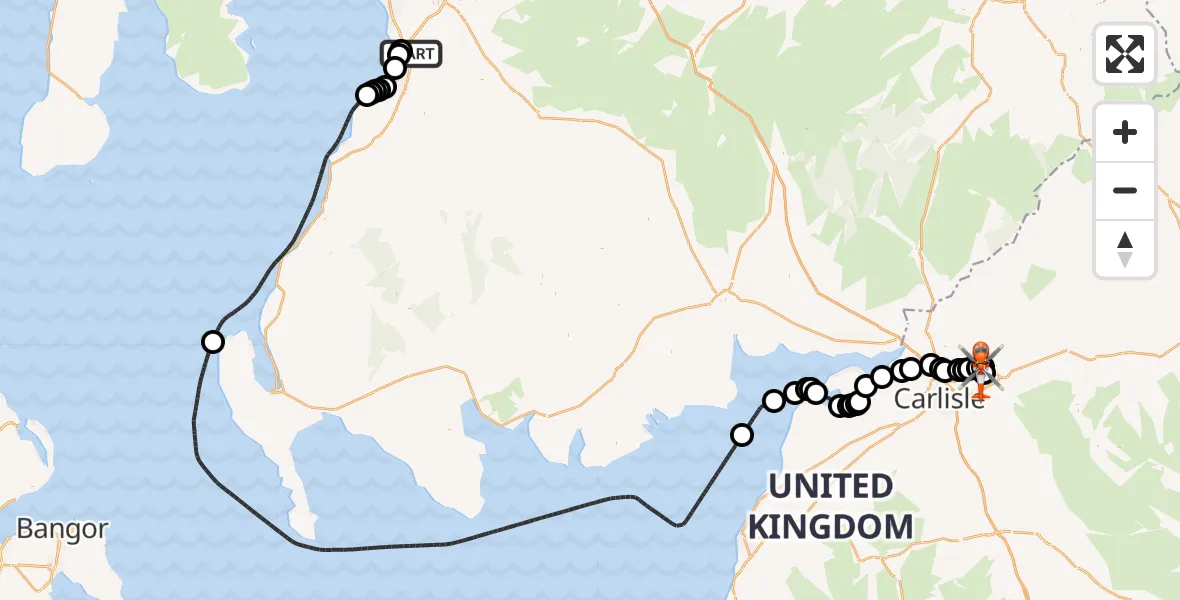 Flight path map showing Coastguard Helicopter route from Glasgow Prestwick Airport to Carlisle Lake District Airport