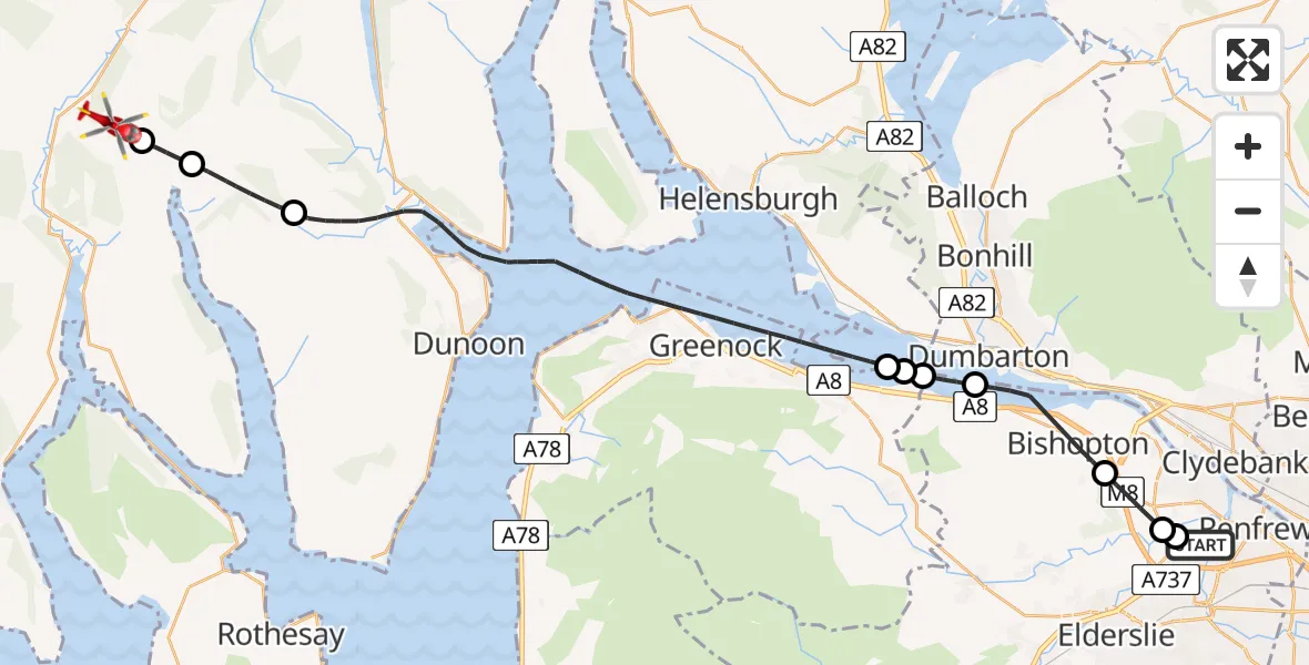 Flight path map showing Air Ambulance Helicopter route from Glasgow Airport to Duiletter