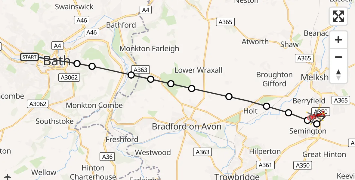 Flight path map showing Air Ambulance Helicopter route from Bath to Melksham