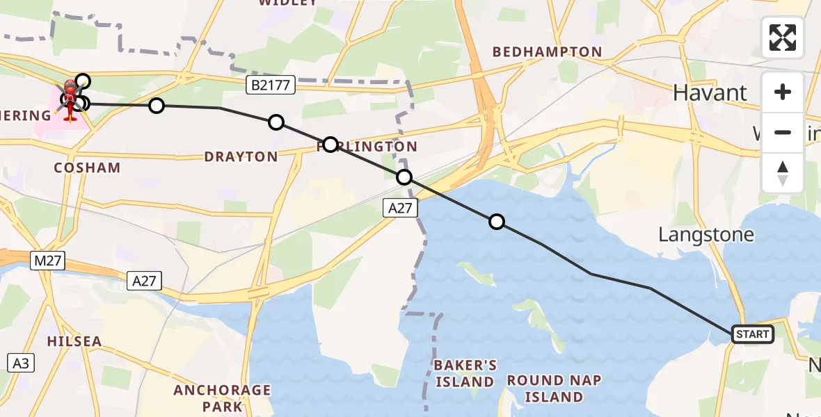 Flight path map showing Air Ambulance Helicopter route from Havant to Queen Alexandra Hospital