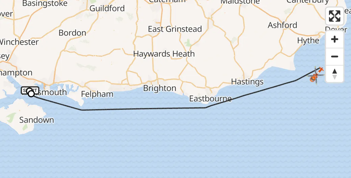 Flight path map showing Coastguard Helicopter route from Solent Airport to English Channel