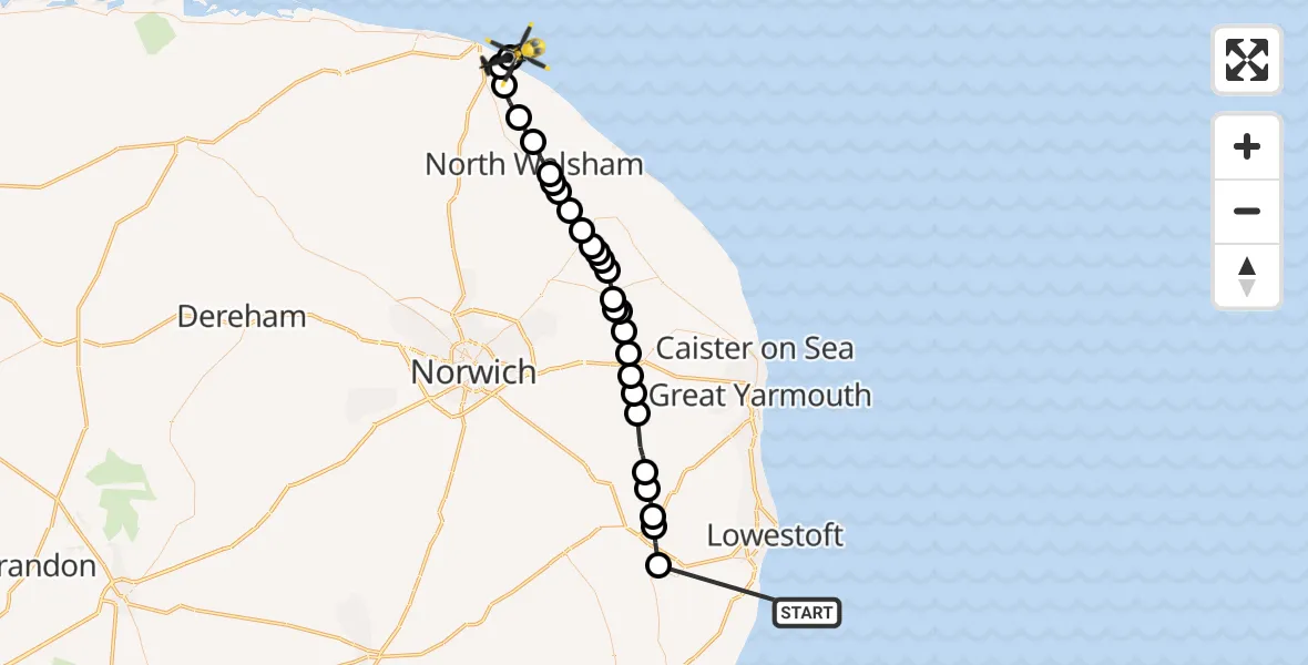 Flight path map showing Police Helicopter route from North Sea to Overstrand