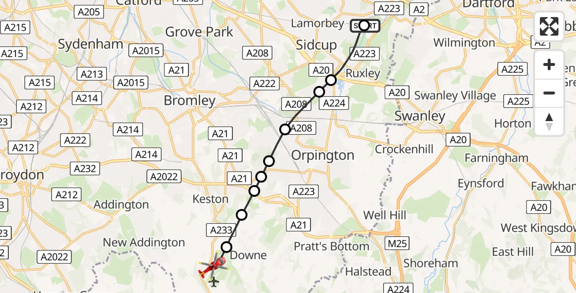 Flight path map showing Air Ambulance Helicopter route from Sidcup to London Biggin Hill Airport