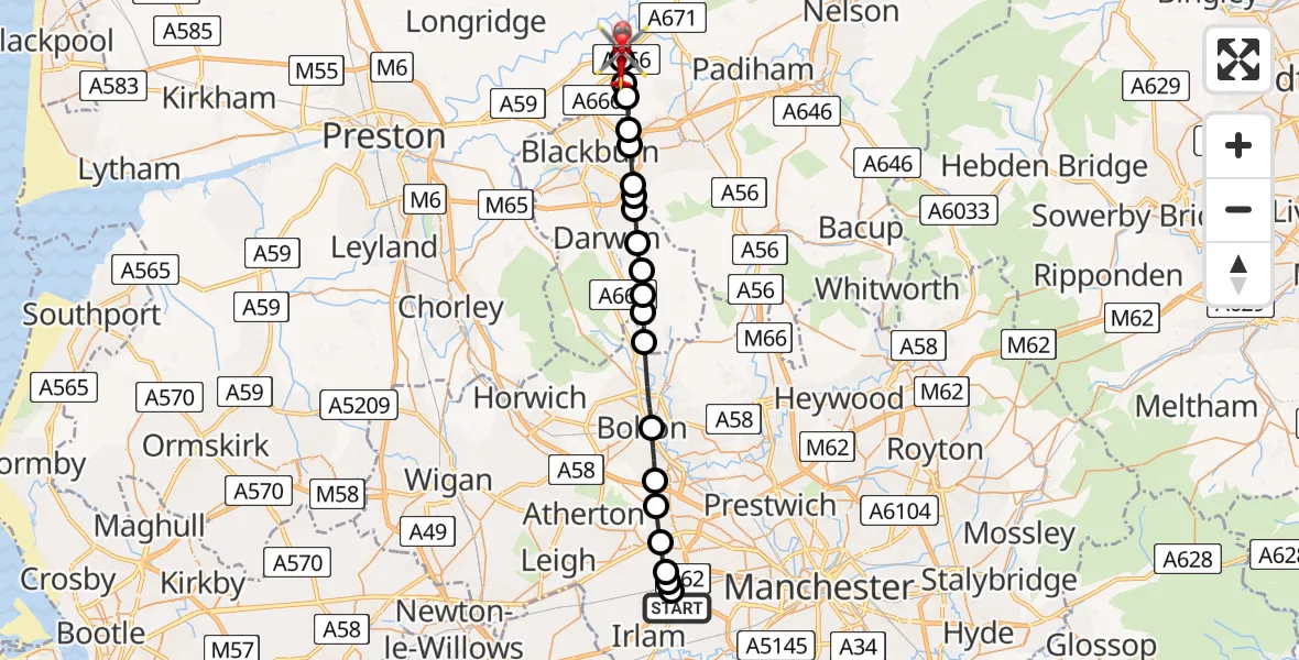 Flight path map showing Air Ambulance Helicopter route from Manchester Barton Aerodrome to Langho