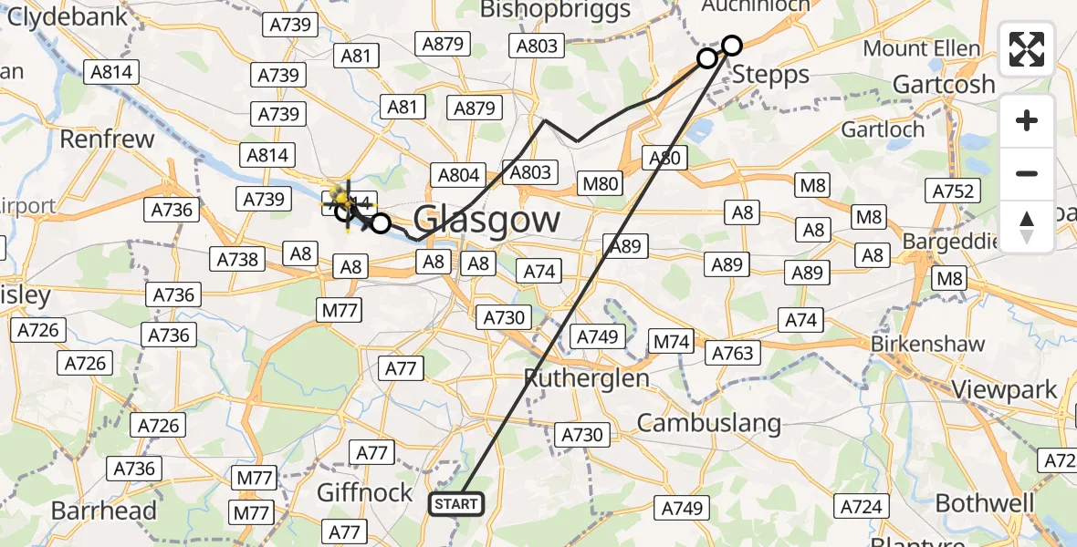 Flight path map showing Police Helicopter route from Glasgow to Glasgow City Heliport