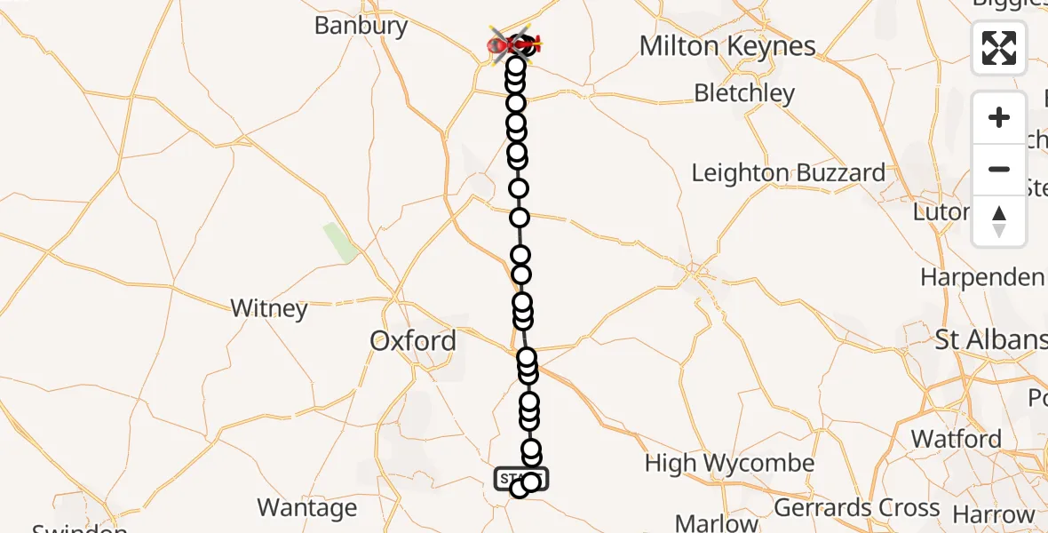 Flight path map showing Air Ambulance Helicopter route from RAF Benson to Turweston Aerodrome