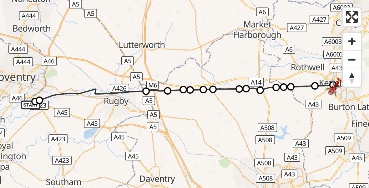 Flight path map showing Air Ambulance Helicopter route from Coventry Airport to Kettering