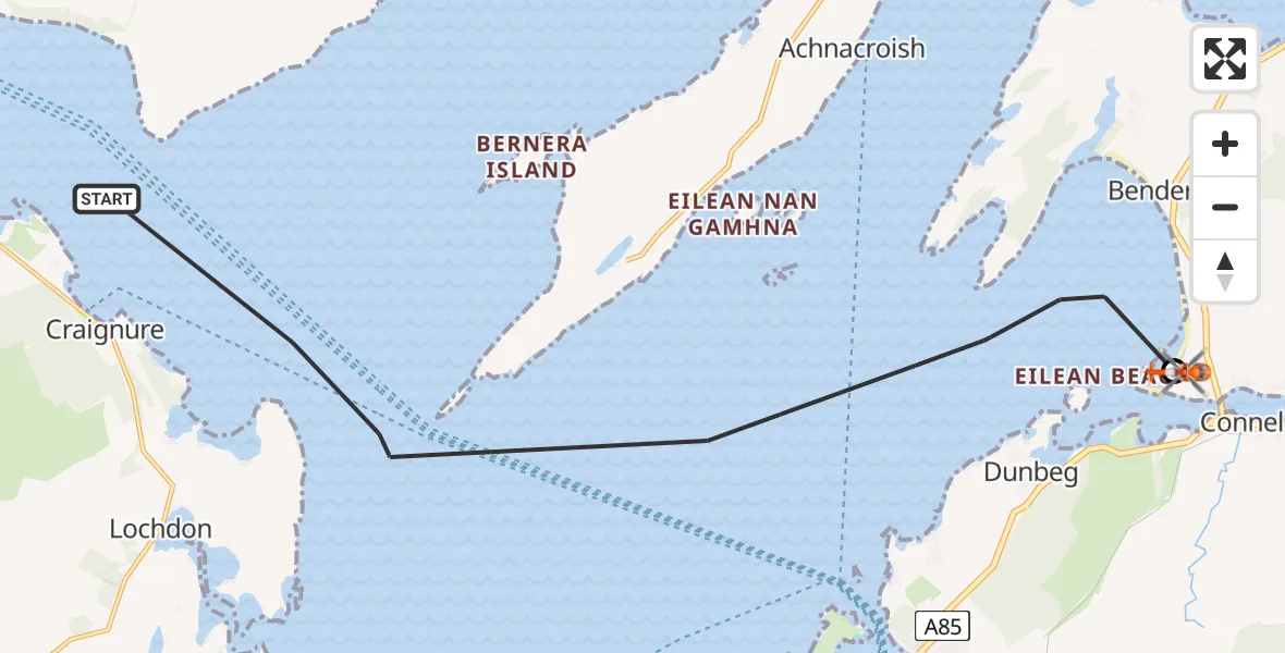 Flight path map showing Coastguard Helicopter route from Inner Seas to Oban Airport