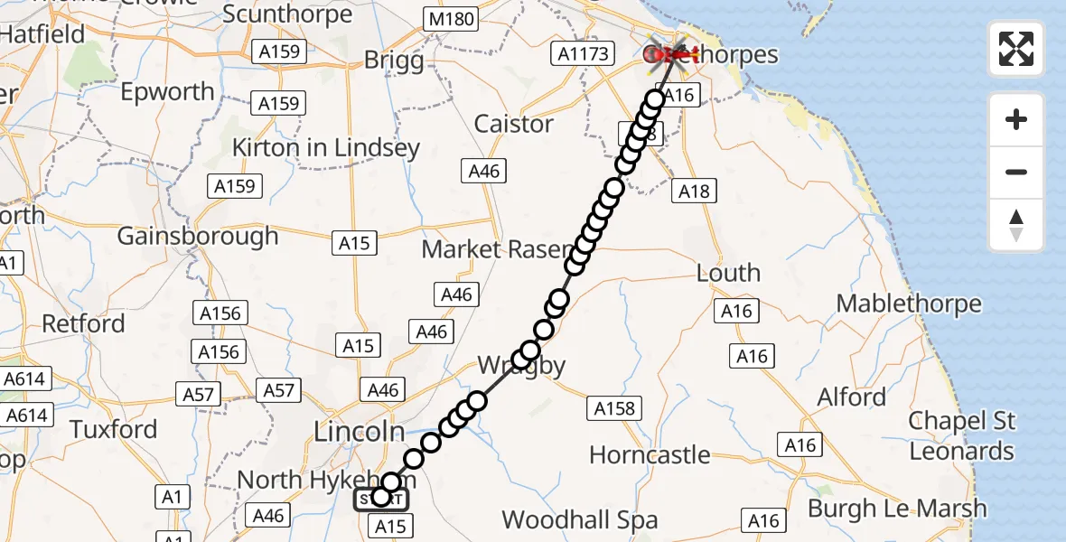 Flight path map showing Air Ambulance Helicopter route from RAF Waddington to Grimsby