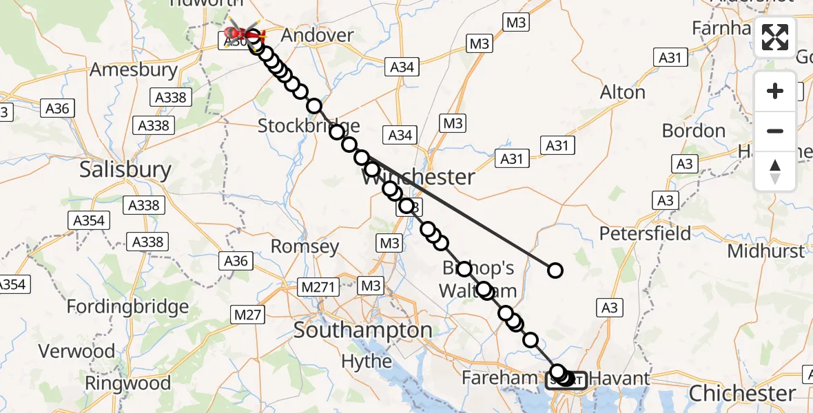 Flight path map showing Air Ambulance Helicopter route from Queen Alexandra Hospital to Thruxton Aerodrome