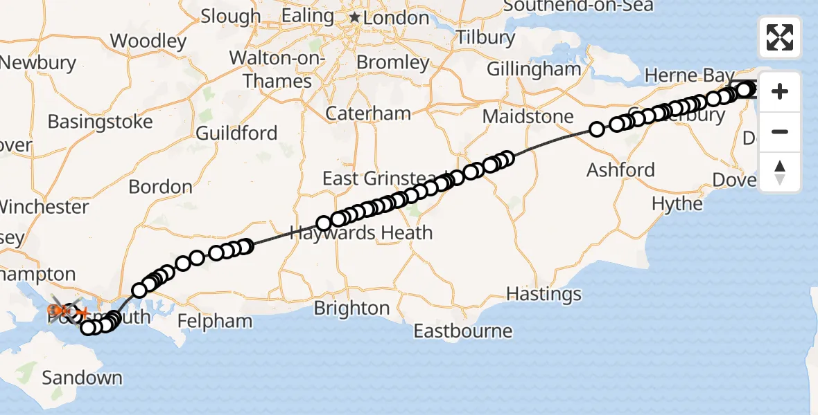 Flight path map showing Coastguard Helicopter route from Manston Airport to Solent Airport