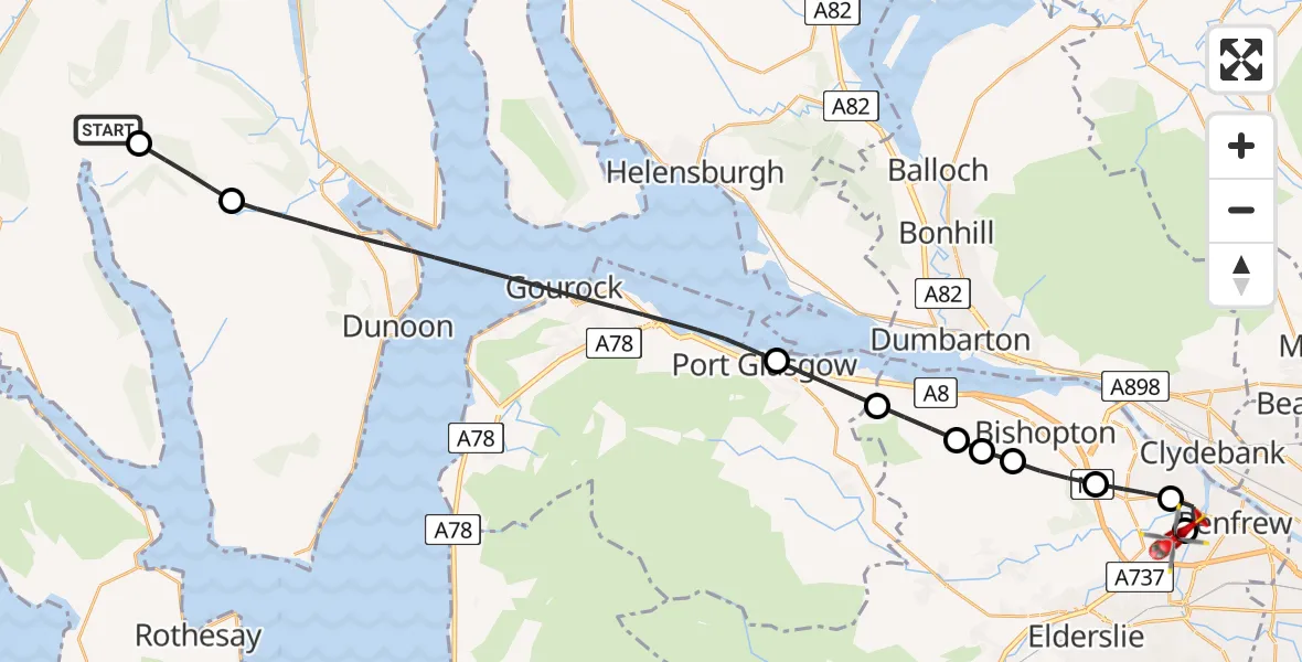 Flight path map showing Air Ambulance Helicopter route from Lochhead to Glasgow Airport