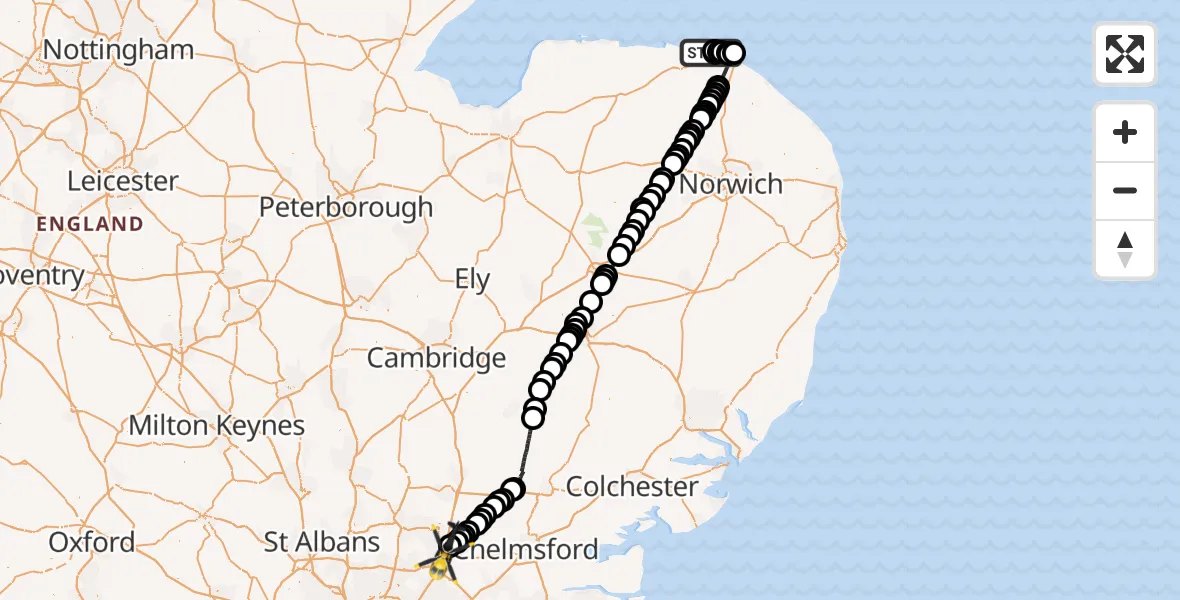 Flight path map showing Police Helicopter route from Sheringham to North Weald Bassett