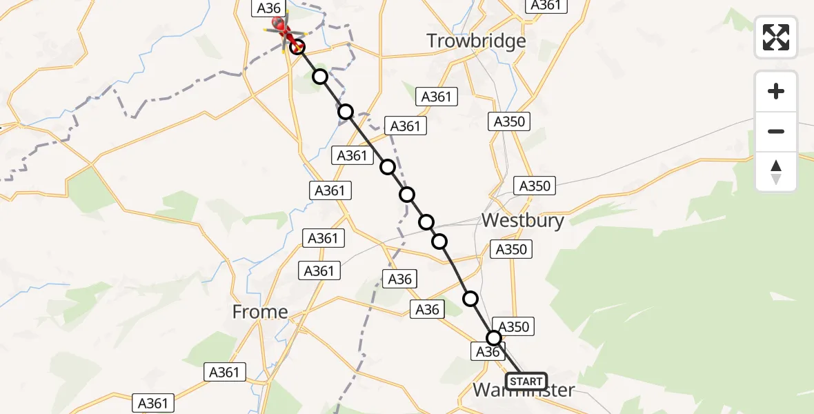 Flight path map showing Air Ambulance Helicopter route from Warminster to Hinton Charterhouse