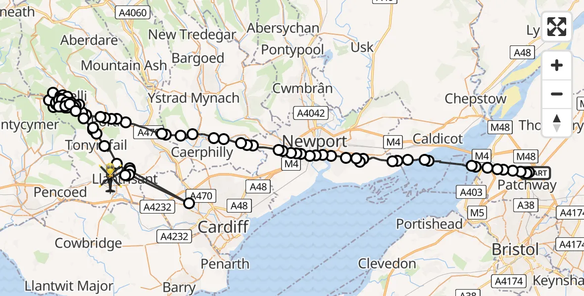 Flight path map showing Police Helicopter route from Almondsbury Helicopter Base to Talbot Green