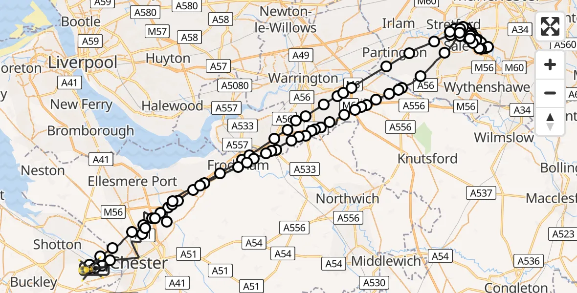 Flight path map showing Police Helicopter route from Hawarden Airport to Hawarden Airport