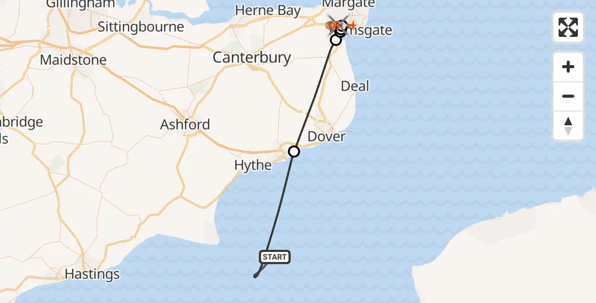 Flight path map showing Coastguard Helicopter route from English Channel to Manston Airport