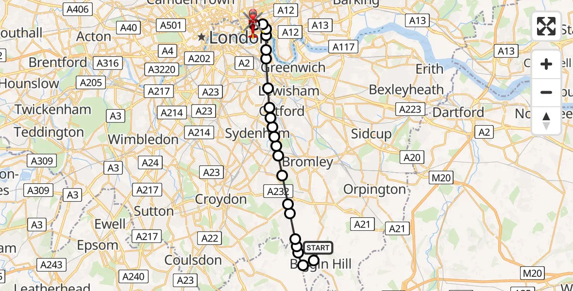 Flight path map showing Air Ambulance Helicopter route from London Biggin Hill Airport to Royal London Hospital